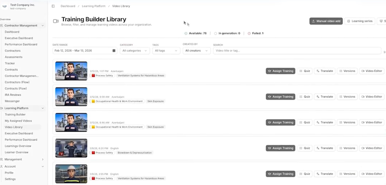 Safetybud Training Builder library with AI-generated multi-language training videos