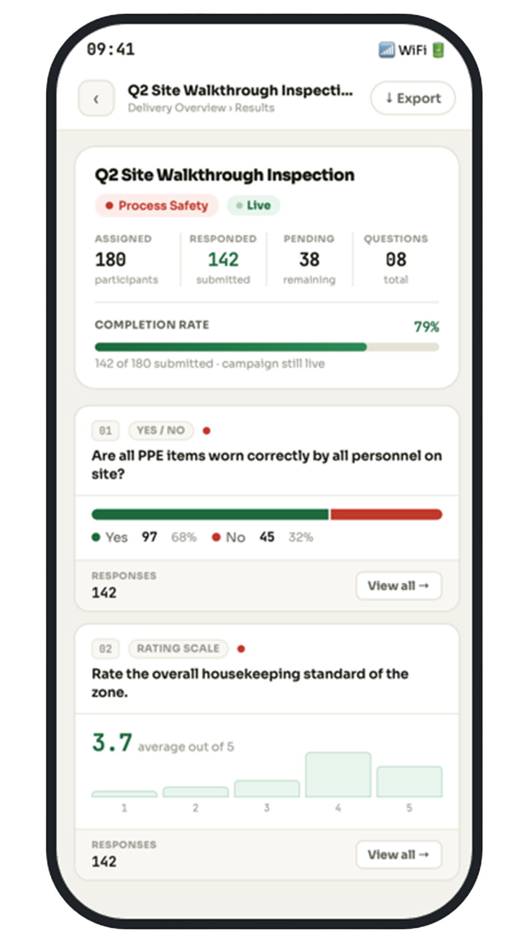 Safetybud survey platform mobile app showing live inspection results